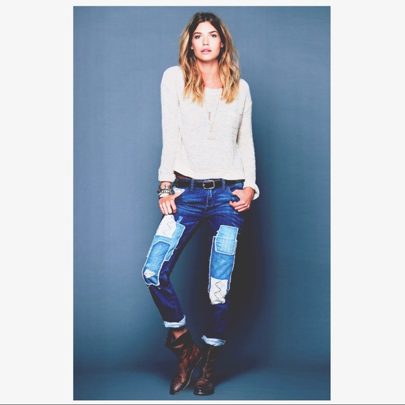 Free People Denim - Free People Lace Patchwork Boyfriend Cuffed Jeans